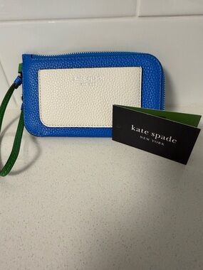 kate spade blue and white color block wristlet with green-accent strap NWT